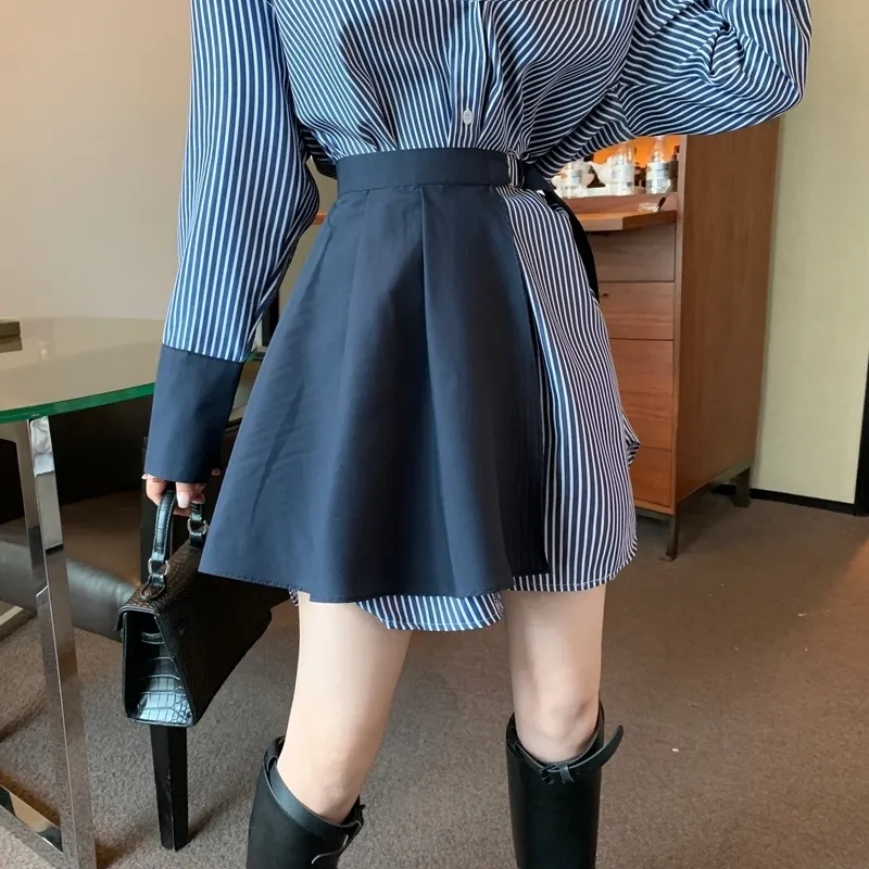 Höstkvinnor Två stycken Set Stripe Långärmad Blus Klänning + Lace Up Mini Skirt Korean Fashion Suit Womens Clothing 220302