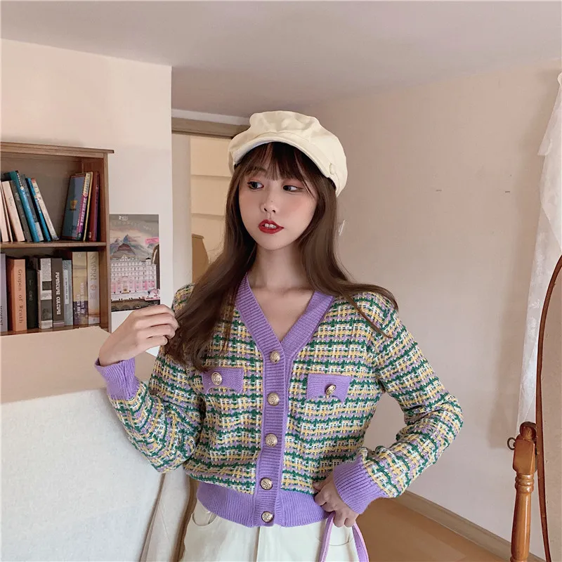 Autumn Winter Women's Cardigan French Retro Checkered Cardigans New Contrast Color Long-sleeved Short Knitted Coats LL734 201031