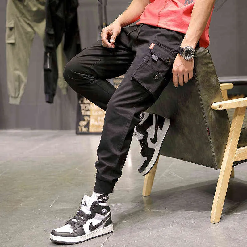 Летние голенолыжные мужские брюки Мульти-карманы Грузовые брюки Мужчины Черные худые Joggers Streetwear брюки H1223
