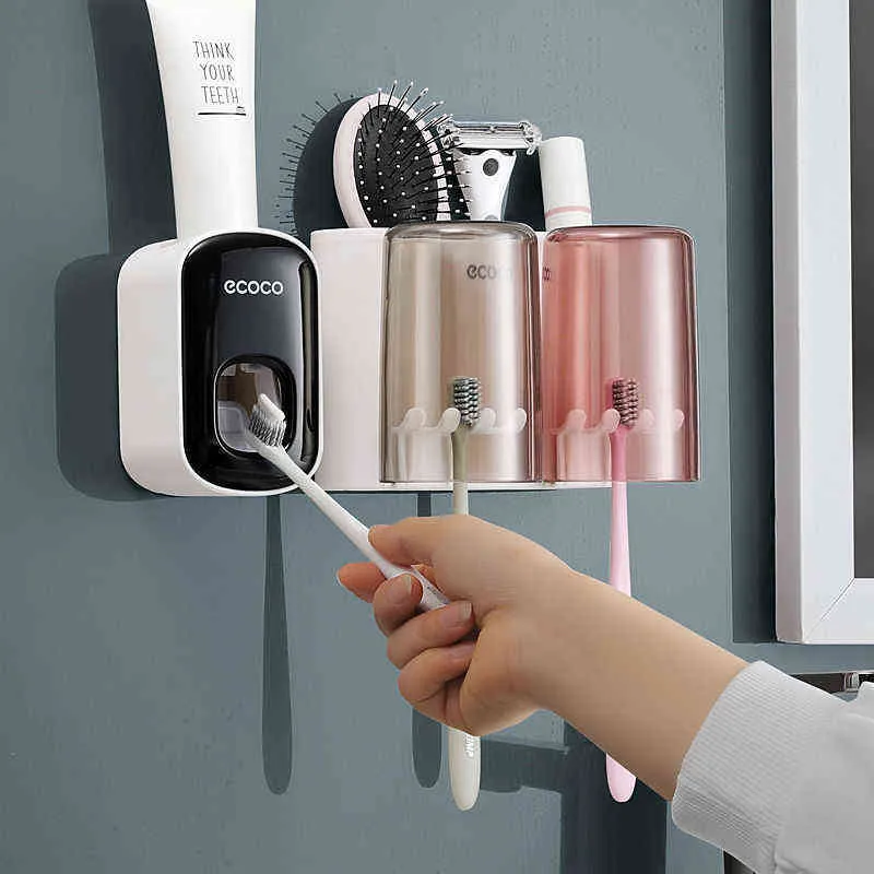 ECOCO accessoires de salle de bain distributeur automatique de dentifrice à presser poinçon maison porte-brosse à dents ensemble support de rangement mural 22292W