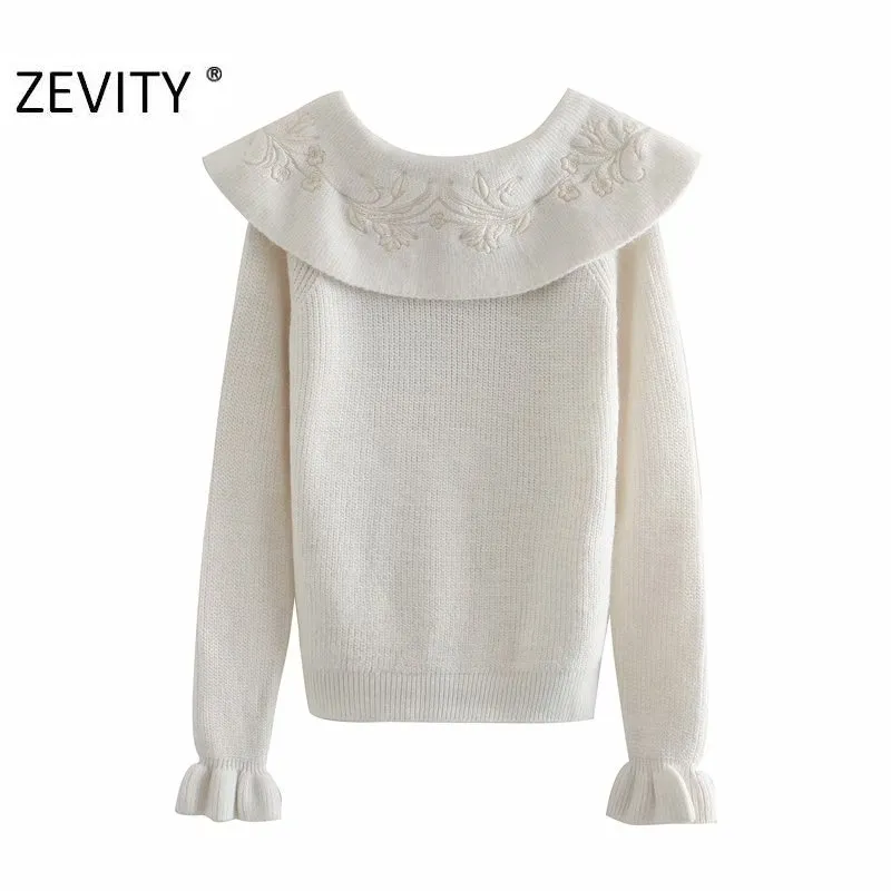 Zevity Mujeres Moda Flor Bordado Turn Down Collar Casual Knitting Sweater Mujer Chic Flare Manga Jerseys Tops S431 201221