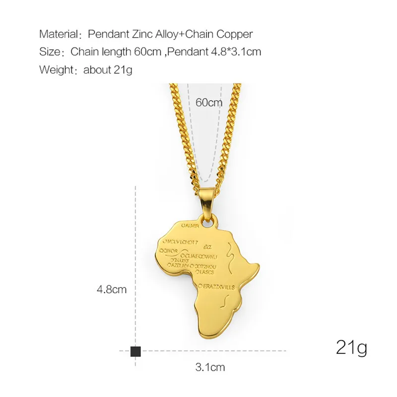 Модные мужские ожерелья с подвесками в виде карты Африки, цвета золота, серебра, модные украшения из 18-каратного золота, 60 см, длинная цепочка, микро-хип-хоп, рок, Mens288x