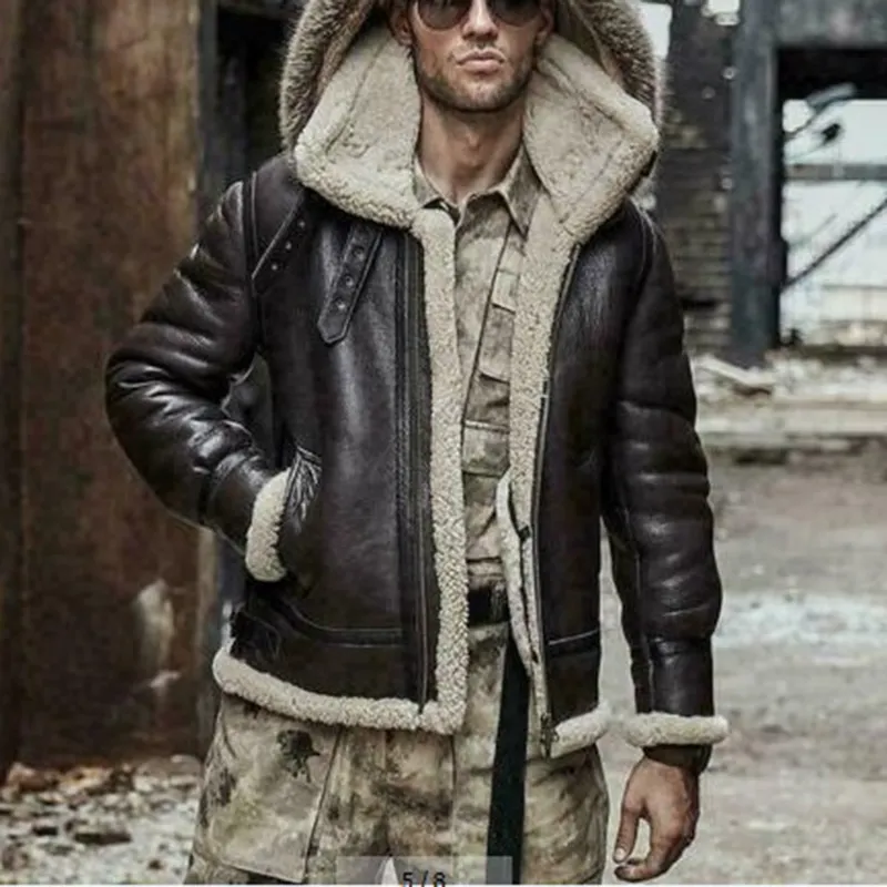 Hommes d'hiver chaud aviateur col de fourrure manteau à capuche veste en similicuir mode masculine vêtements d'extérieur décontractés T200117