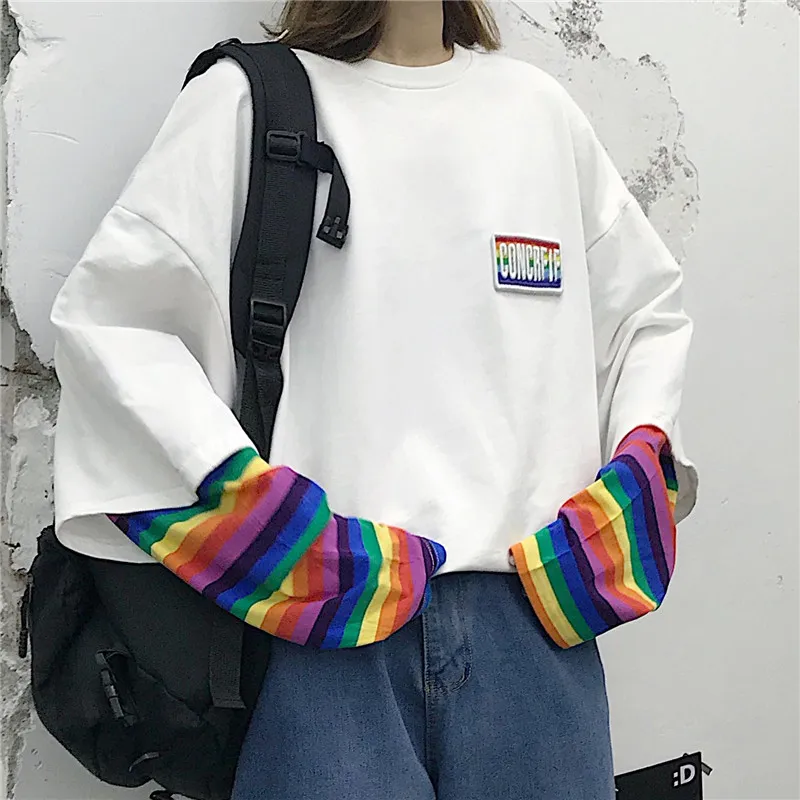 NELLOE Корейский Harajuku Patchwork T Футболки поддельных двух частей Радуга полосатый с длинным рукавом повседневная футболка на шеи женские топ-тройники 55252 201028