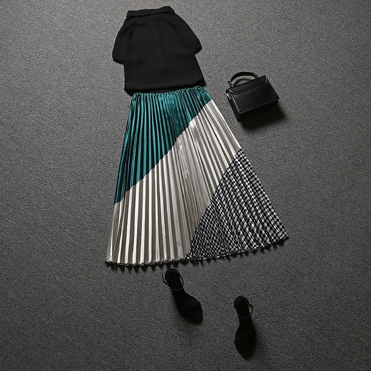 Lato damskie spódnice garnitury Vintage Retro Drukowane z krótkim rękawem Bluzki i długi plisowany elegancki spódnica zestaw NS206 220302