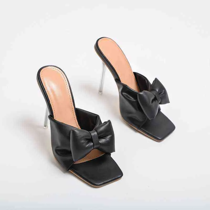 Slippers Butterfly Knot Transparent Shoes Big Size Slipers Women Thin Heels Heeled Mules Peep Toe Slides High Summer Rome f 220329