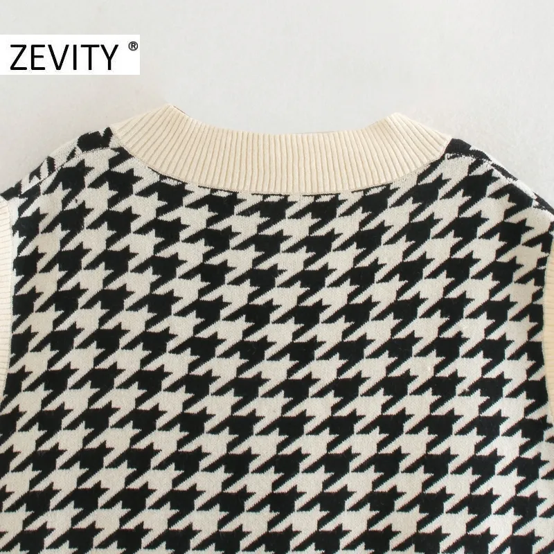 Zevity Women Vintage V Neck Houndstooth Print Yitting Vest Sweater Side feminino Split Pullover Chic Leisure Jumper Tops S448 201225