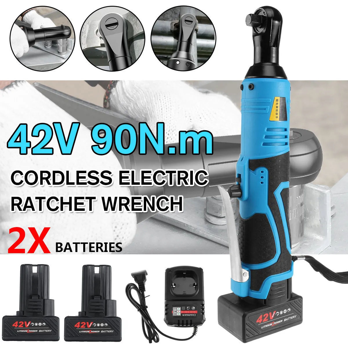 Electric 3 8 Cordless Ratchet 42V Uppladdningsbar ställning 90N m Rätt vinkelnyckelverktyg med 1 2 Batteriladdare Kit Y20032307N