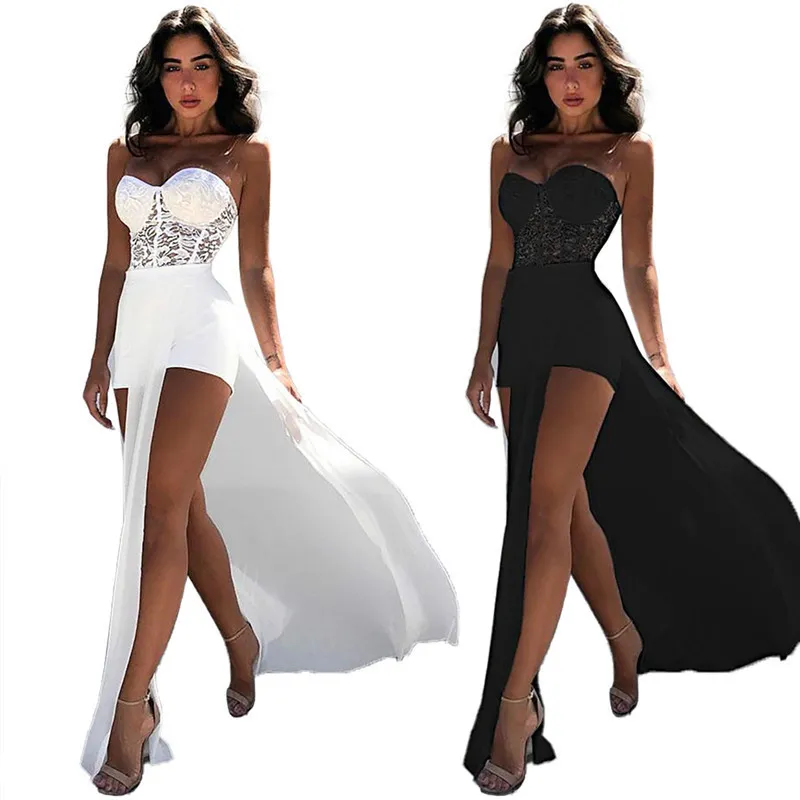 Black/White Slit Maxi Dress Lace Partchwork Sexy Club Wear Strapless See Through Lace Long Dresses Woman Party Night Outfits T200707