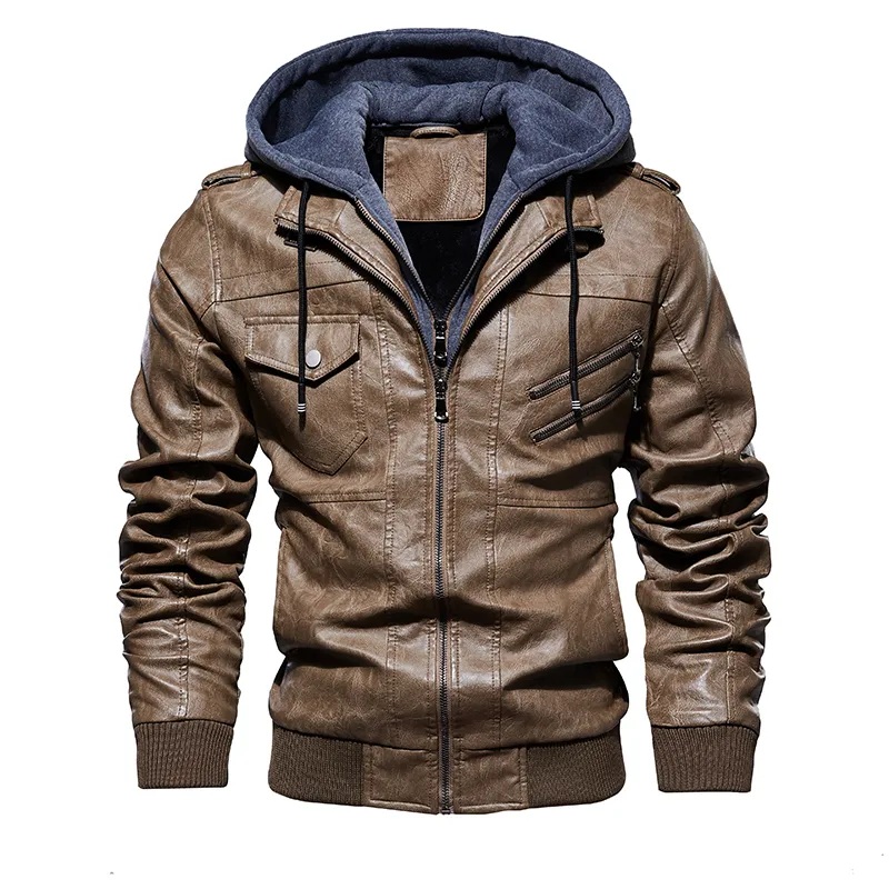 Chaqueta de cuero para hombre Nueva motocicleta Bomber Chaquetas Hombres Invierno Cálido PU Abrigo de cuero con capucha extraíble Chaquetas de abrigo Hombres 201120