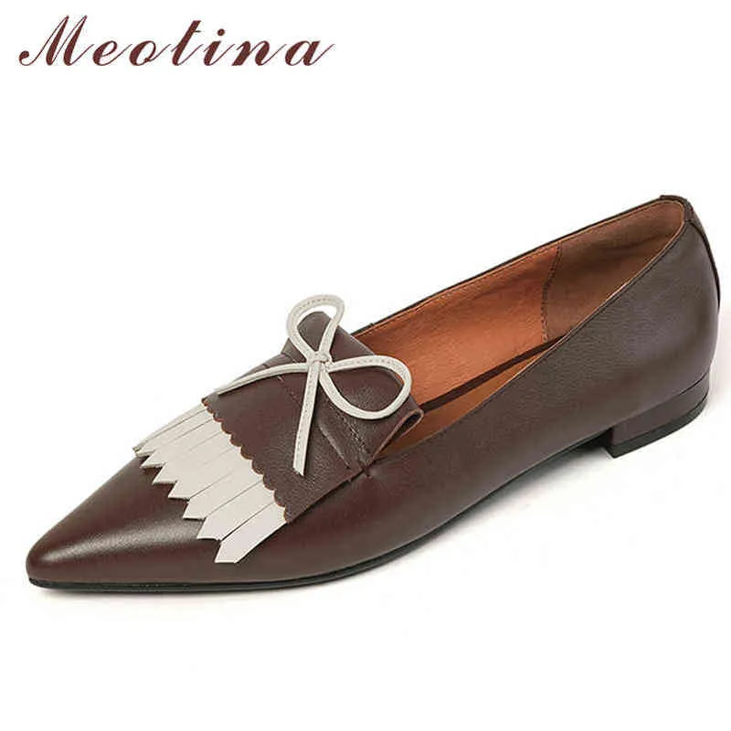 Meotina damskie płaskie skórzane buty z łuków i frędzli spiczasty modny wiosna jesień kolor 220209