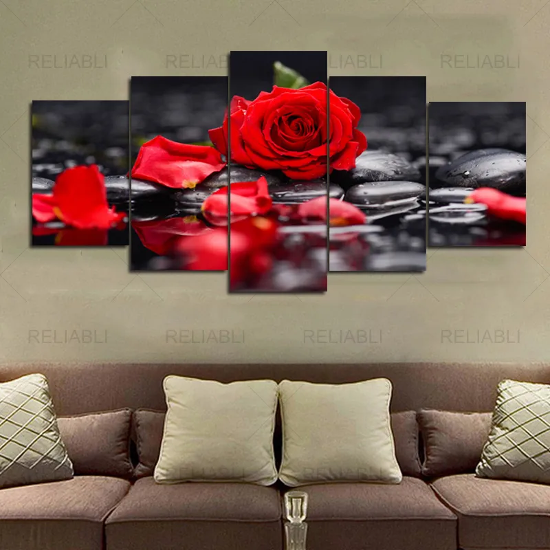 Peinture sur toile modulaire fleur de rose rouge HD, art mural nordique, décoration d'intérieur moderne pour salon, chambre à coucher, impressions et affiches, 5 pièces