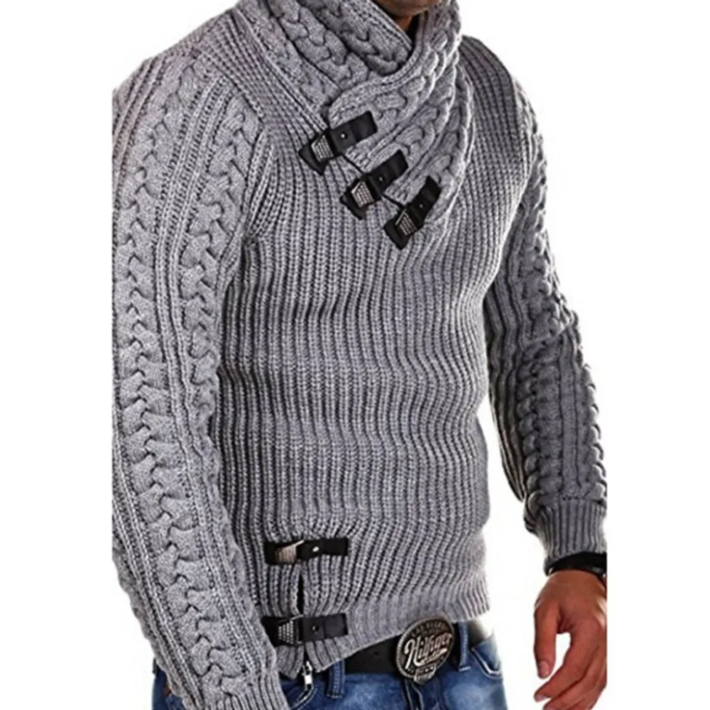 Pull pour hommes de mode couleur unie en cuir boucle couture à manches longues chandails minces pour hommes automne hiver mâle pull tricoté 201022