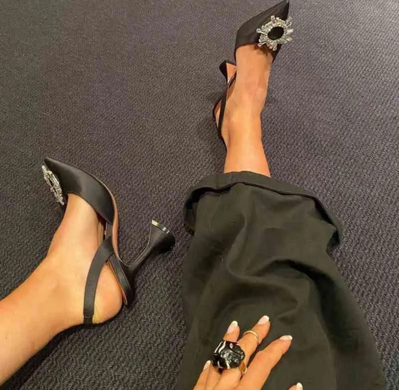 Kvinnors silkespotade sandaler, höga klackar med solros diamantknappar, vinglas, bankett, rosa och svart, ny i 2022