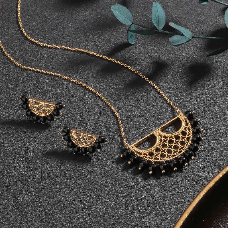Romantico moda donna oro ciondolo collana orecchino set maschera a forma di ventaglio design stile arabo sposa gioielli di lusso