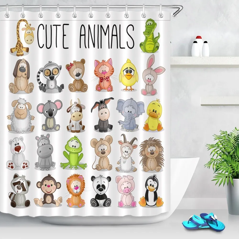 Divertidos dibujos animados lindos animales largo blanco cortina de ducha revestimiento baño naturaleza tela impermeable para arte niños bañera decoración T200711