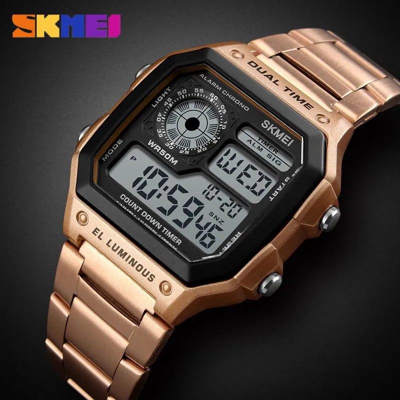 Skmei Top Luxury Sport Watch Men Luminous 5bar Waterproof Watches Rostfritt stål Relojes Strap Digital Watch Relogio Masculino1277z