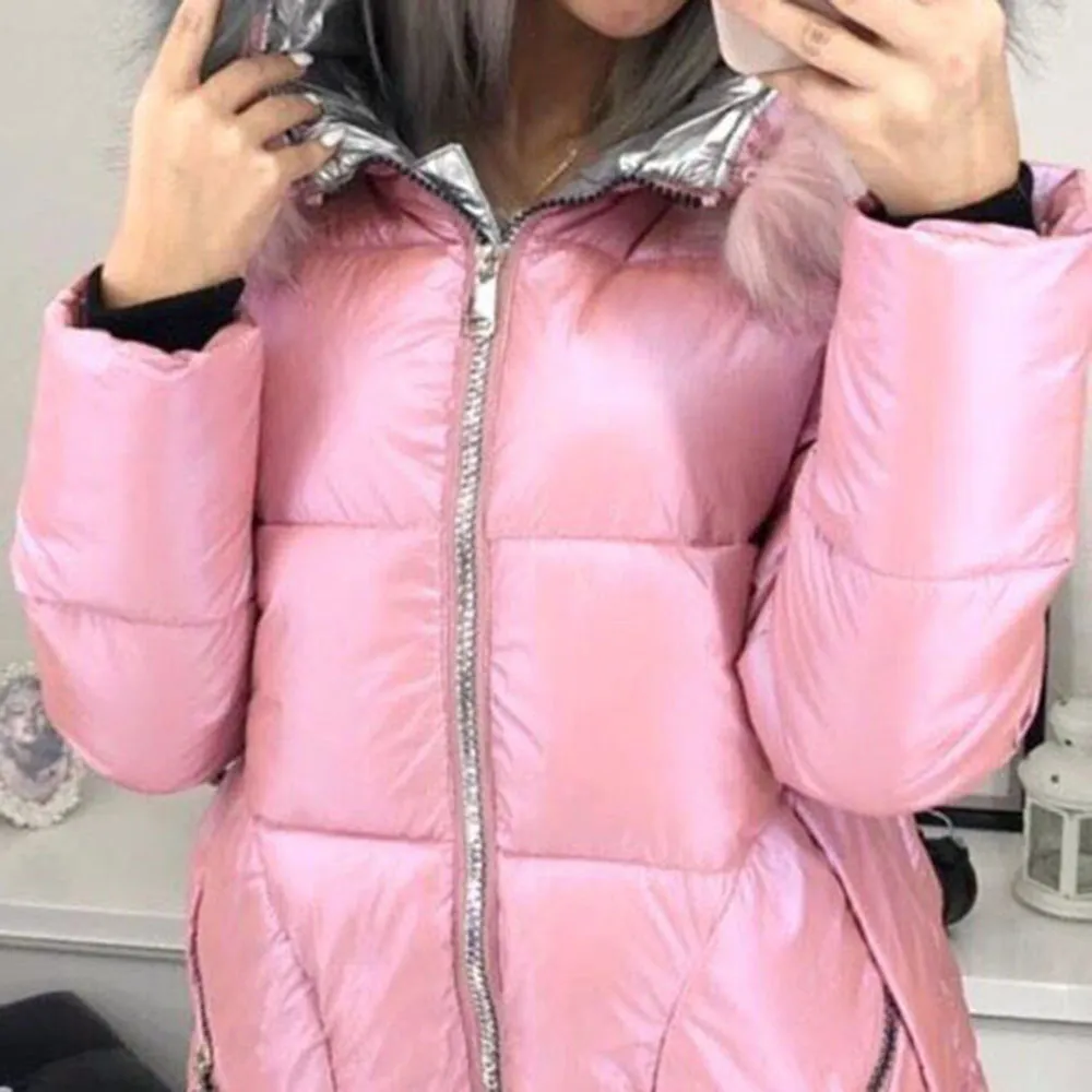 Padded Down Jacket Women Winter Coat Warmness Plus Size Pink Overcoat Cotton Parka Basic Jackets Thick Fleece Fur Hood Outwear 201027