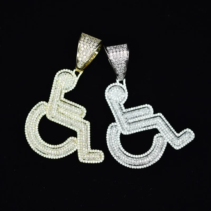 Ожерелья с подвесками Iced Out для инвалидов-колясочников с логотипом, ожерелье золотого, серебряного цвета, блестящий кристалл CZ, хип-хоп, рэперская цепочка для мужчин, женщин251V