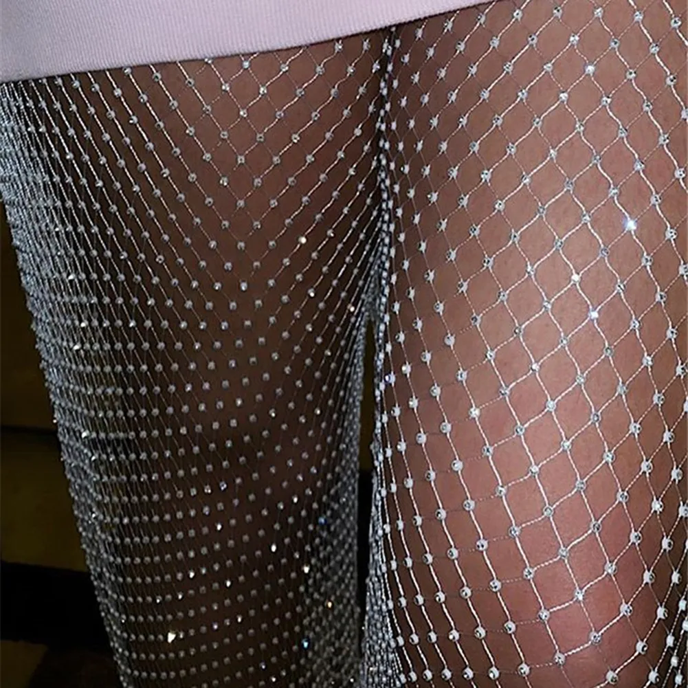 Calças de malha de diamante de cristal zebery mulheres sexy verão oco transparente solto calças de pesca longa nova calça de praia t200606