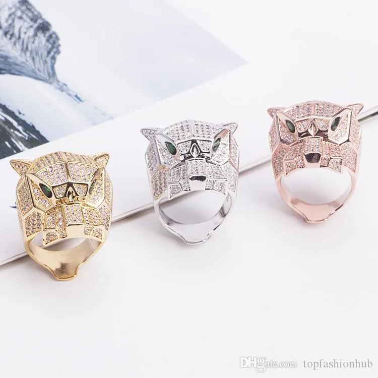 Tiger Leopard Head Ring CZ Ювелирные Извилистые Любители Симпатичные кольца Изысканные Медные Половые Полые Зеленые Грин