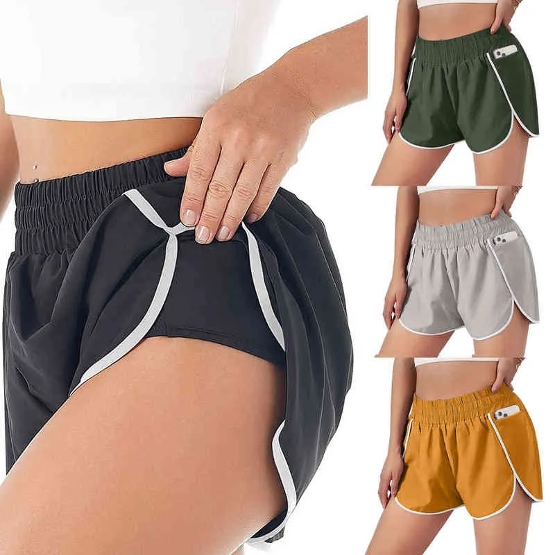 2022 Sommar Nya Kvinnor Shorts Beach Ladies Quick-Torking Fashion Running Shorts Elastisk Midja Ficka Fake WWO Piece Yoga Byxor Y220311