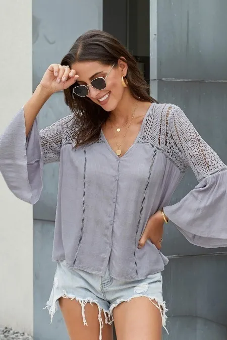 TEELYNN White lace blouse Top vintage V Neck Flare Sleeve Hollow Summer blouse shirt Casual boho blusas plus size 220307