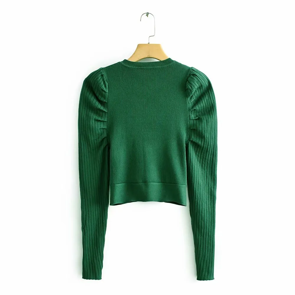 women fashion puff sleeve short sweater ladies basic knitted casual slim high street hem cross sweaters chic tops S217 201221