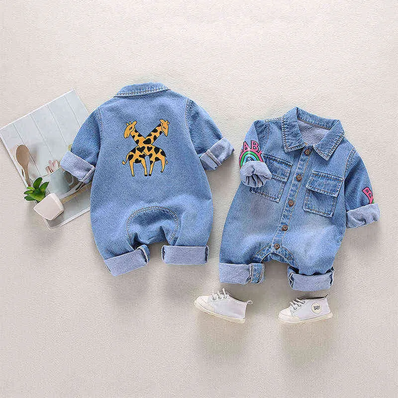 Baby Kleren Born Jumpsuit Denim Romper Lente en Herfst Jongen Meisje Baby Fart Cartoon Giraffe 211229