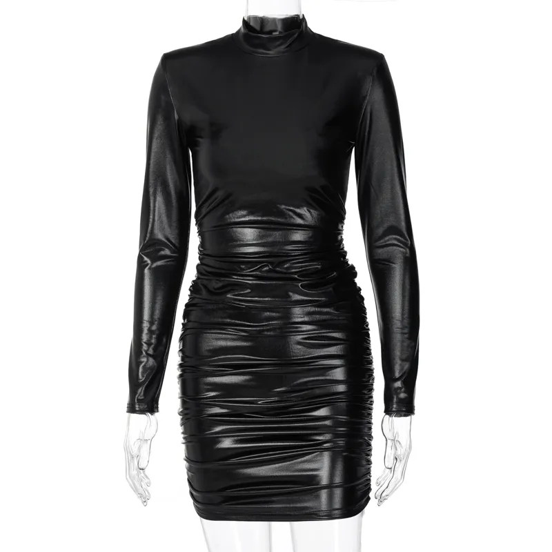 Dulzura pu couro mini vestido ruched gola alta manga comprida bodycon bandagem sexy streetwear partido elegante outono inverno clube y0118