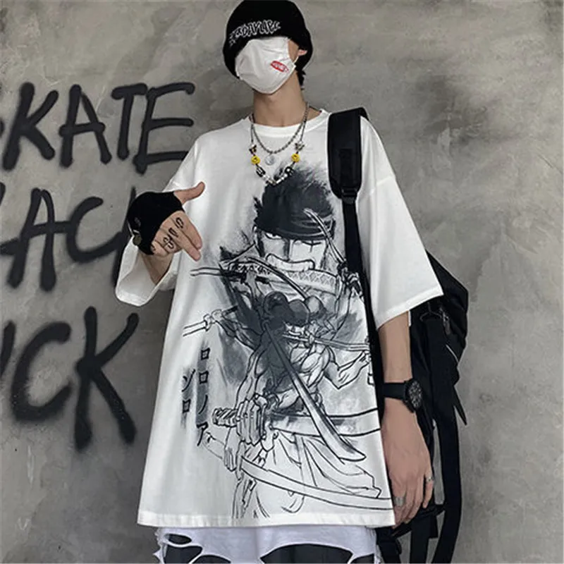 Cool White Hip Hop Luffy Tshirt Streetwear Men Kvinnor Japanska Cool Punk Oversized Topps Män Sommar Halv Ärm One Piece T Shirt C1021