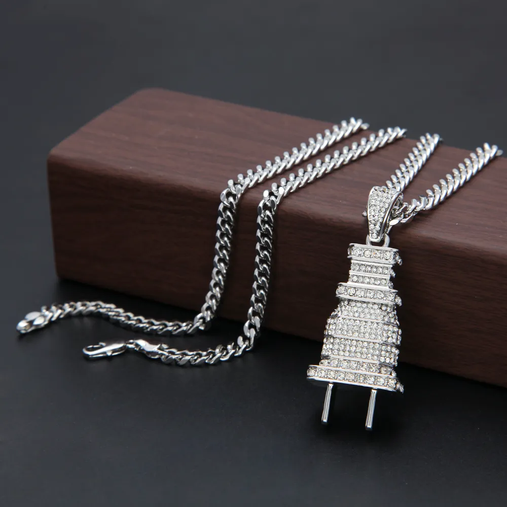 Mens Iced Out Bling Bling Plug Pendant Necklace Gold Silver Color Charm Micro Pave Full Rhinestone Hiphop Jewelry 200928272T