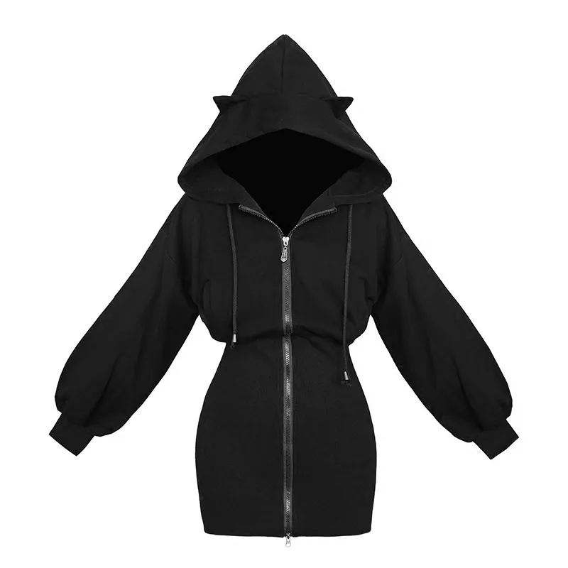 Kawaii Hoodie Harajuku Long Sweatshirt Women Black Punk Gothic Hoodies Hoody Ladies Zip-up Autumn Cute Ear Cat Hoodies Y200930