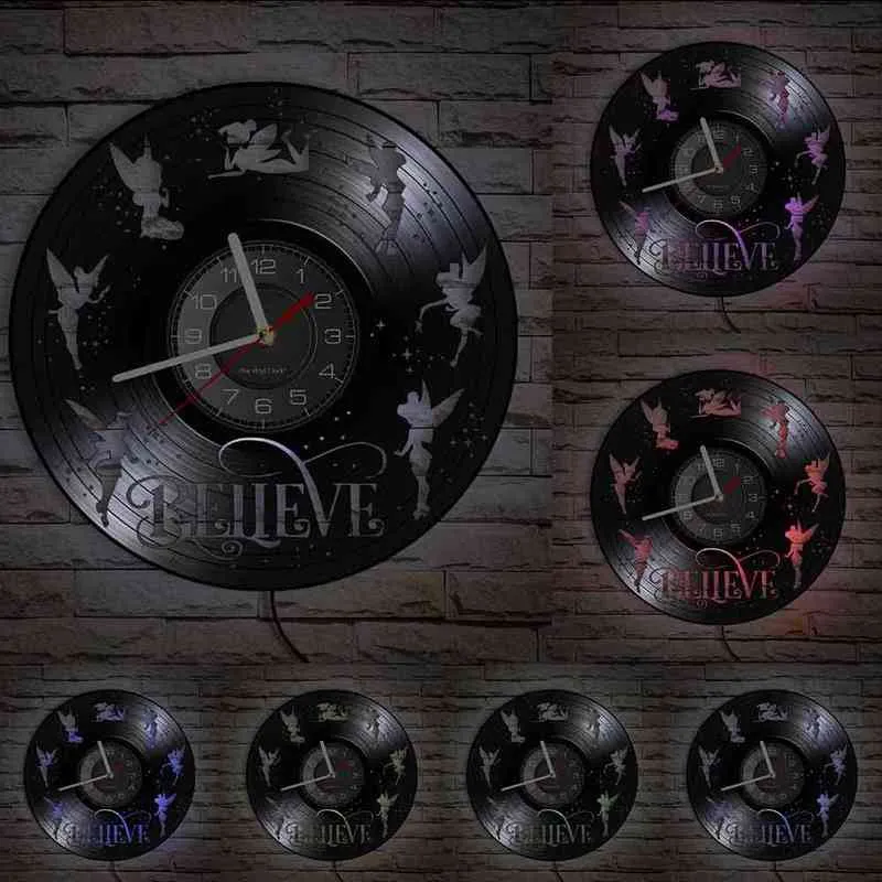 요정을 믿으십시오 비닐 디스크 공예품 시계 시계 판타지 아기 룸 장식 동화 빈티지 비닐 레코드 시계 벽 시계 H1230