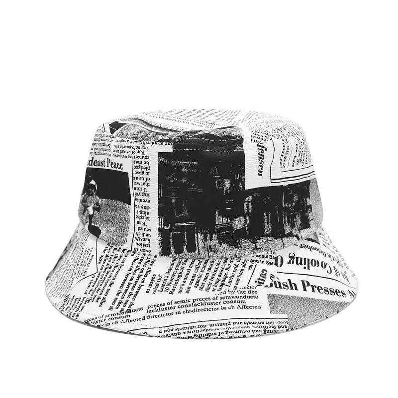 Ins new весна летняя мода черная белая буква газета шаблон мужчина хлопок ведра шляпы женщины леди рыбацкий caps zz-475 G220311