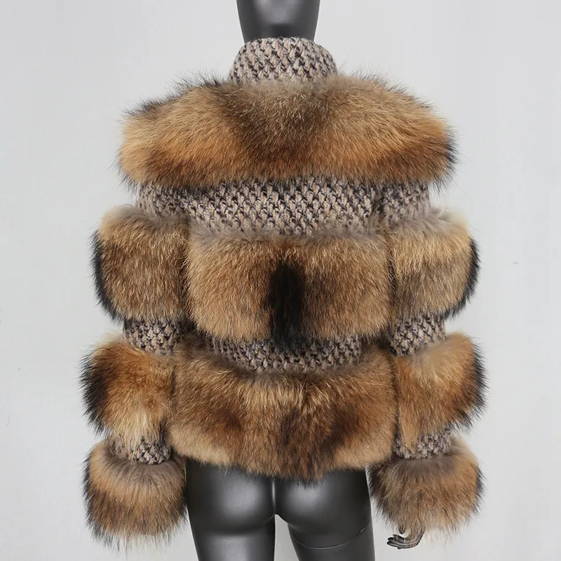 Bluenessfair Зимняя куртка женщин настоящий меховой пальто Parka Natural енота из мехового плетения