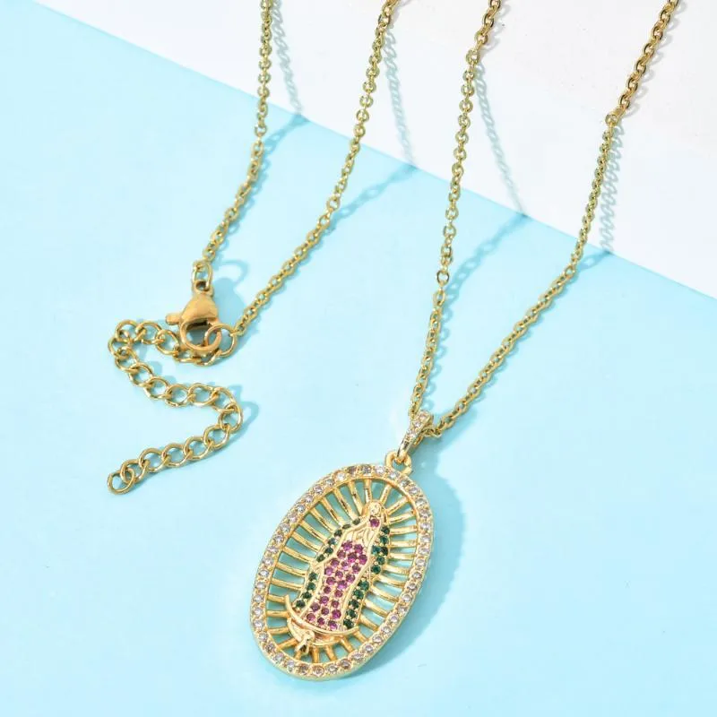 Virgin Mary Pendant Necklace For Women Gold Color CZ Crystal rostfritt stål smycken Hela Colar Chain Cross Trendy Gift254w