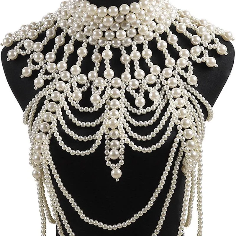 Retro Advanced Pearls Crystal Body Jewelry Chain SexyHandmade pärlstav kvinnor brud bröllopsklänning stor halsband smycken accessor274b