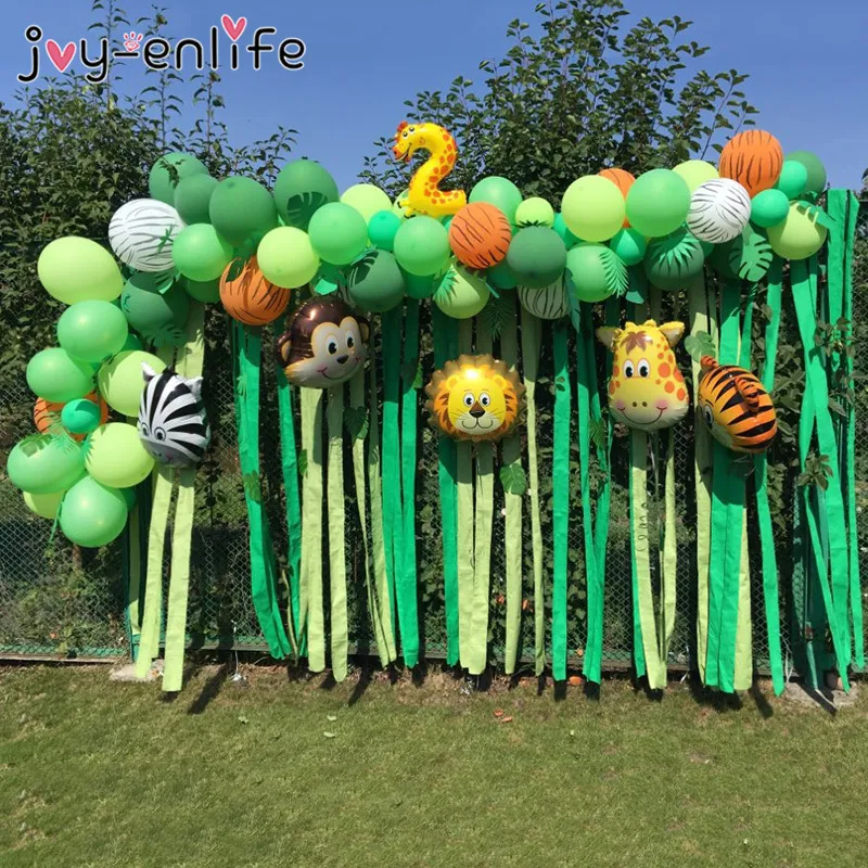 109ピースジャングルサファリテーマパーティーバルーンガーランドキット動物風船ヤシの葉のための子供たちの男の子の誕生日ベビーシャワーの装飾220217