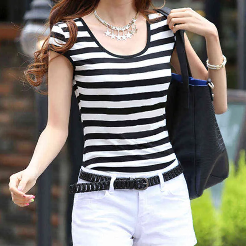 New Fashion Women Ladies Casual Short Sleeve O-Neck Short Slim Fit Tee Summer Striped Shirt 2021 Woman's Clothes G220228