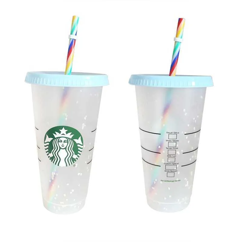 Ready StockStarbucks farbwechselnder Konfetti-Becher aus wiederverwendbarem Kunststoff mit Deckel und Strohhalm, kalter Becher, fl oz, oder Starbucks X