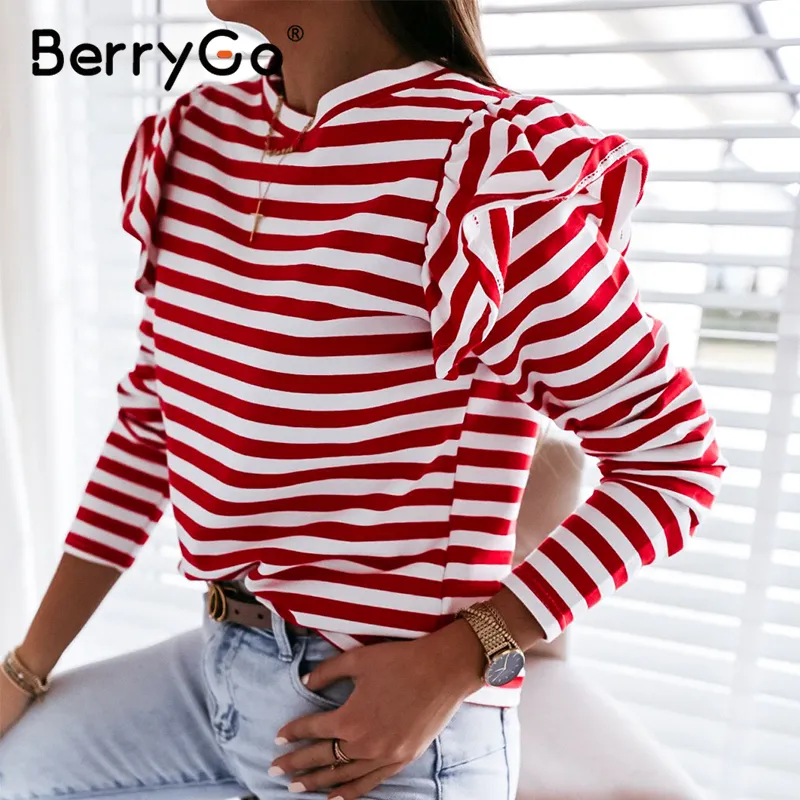 BerryGo Causal Long Sleeve Red White Striped Tops For Female Autumn Winter Ruffled Base Shirt Streetwear O-neck Women Tops 201028