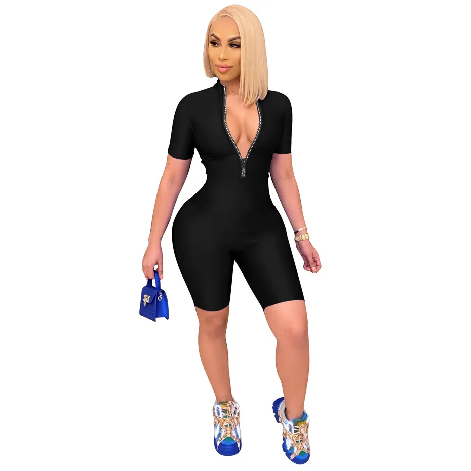 Wholesale mulheres macacões 2022 sexy magro manga curta zíper macacão moda bodycon playsuit pulôver confortável clubwear um pedaço de salto terno k8719