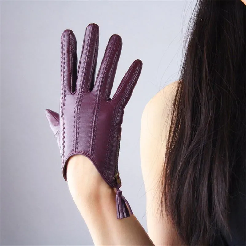Touchscreen-Handschuhe aus echtem Leder, reines importiertes Ziegenleder, Quaste, Reißverschluss, kurzer Stil, dunkelviolett, weiblich, Touch-Funktion180N