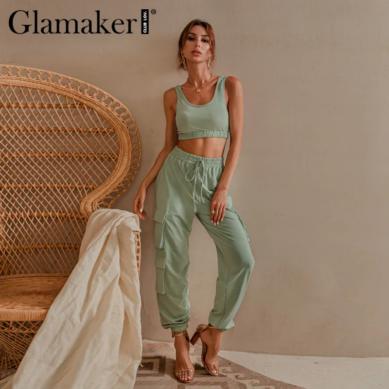 Glamaker Zielony Bez Rękawów Sprawności Fitness Zestaw Kobiety Crop Top I Spodnie Dwuczęściowe Zestaw Casual Fashion Pocket Ladies Jesień Dres LJ201120