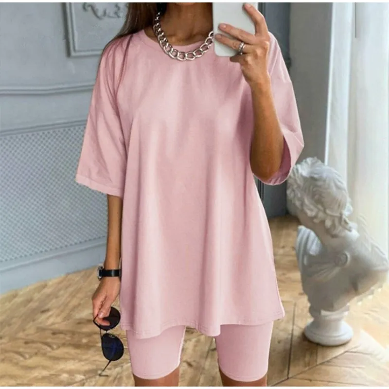 Summer Short Sleeve Women's Two Pieces Sets O-Neck T-Shirt And Elastic Waist Bodycon Shorts Solid Streetwear Casual Ladies Suit LJ201117