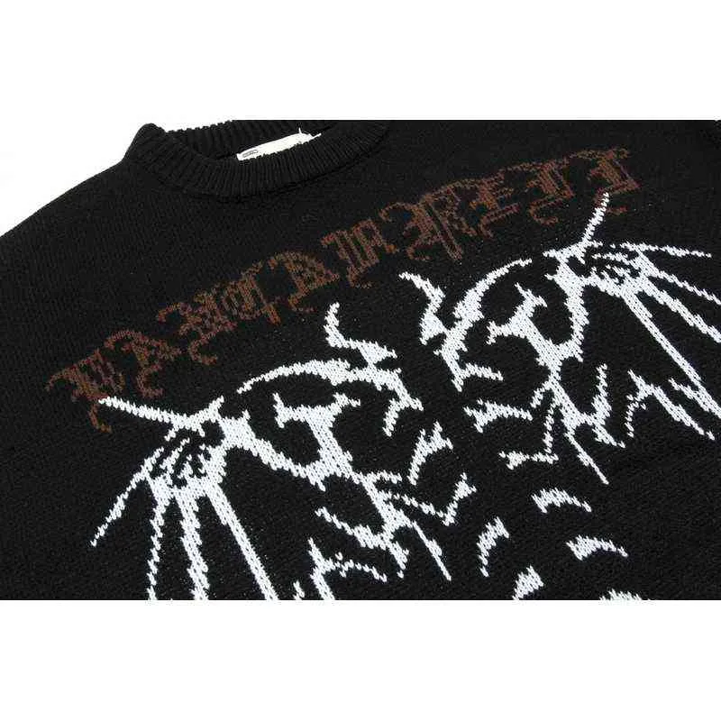 Hiphop streetwear stickad tröja gotisk brev bat skelett tryck pullover män hösten harajuku bomull casual 220125