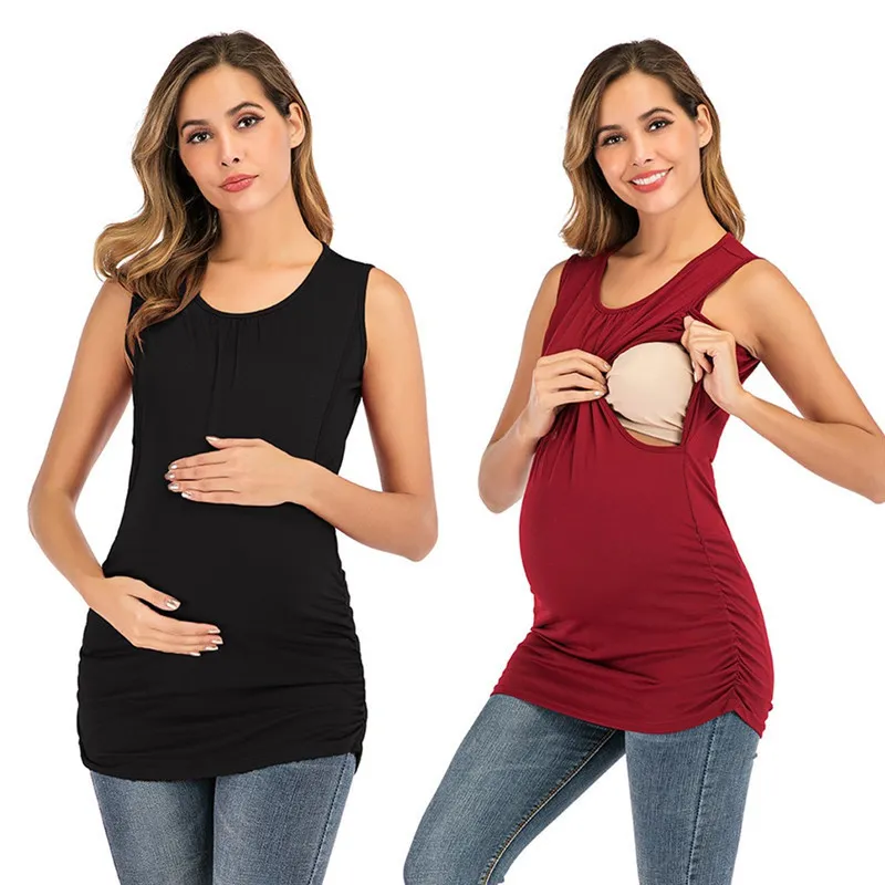 Maternity Tshirt Kvinnor Graviditet Ärmlös Solid Toppar Casual Vest Comfy Shirt Kläder Breastfeeding T Shirt Dropship LJ201120