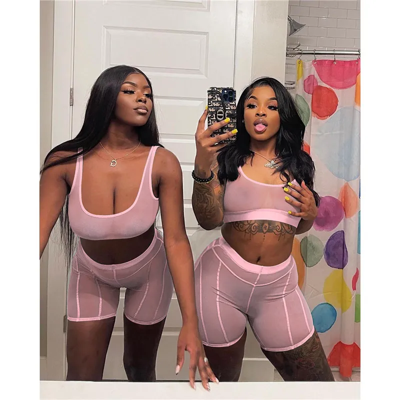 Sheer Outfits Sexy Two Piece Set Women Tracksuits Clothes Solid Color Mesh Clubwear Tank Tops Shorts Beach Wear See through Nightclub Short Suits 7162