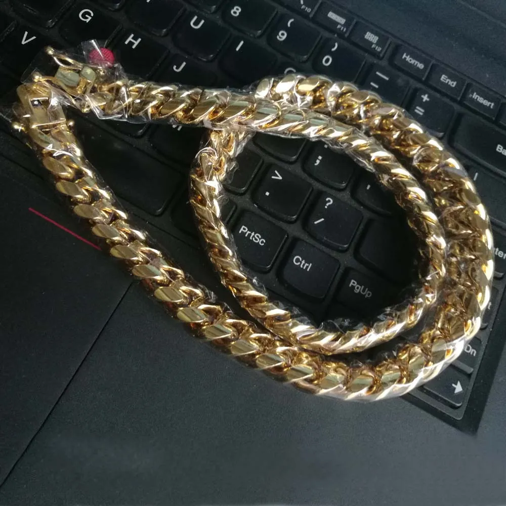 2023 jóias de aço inoxidável 18k banhado a ouro alto polido miami cubana link colar masculino punk 15mm curb corrente duplo fecho de segurança 269k